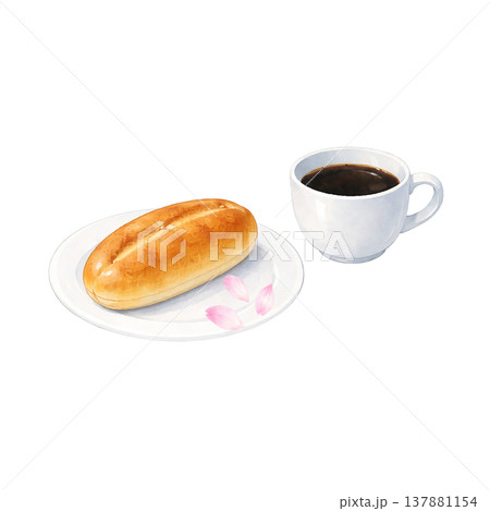 パンとコーヒー カフェ 軽食 シンプル 水彩イラスト素材 パンとコーヒー カフェ 軽食 シンプル 水彩イラスト素材 137881154