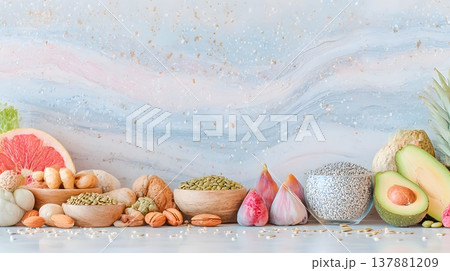 ナッツと種子、アボカドのスーパーフードセット、健康志向のプラントベース食材 137881209