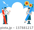 大きな鉛筆を持つ制服姿の学生と青空の背景フレーム・夏期講習のイメージ 137881217