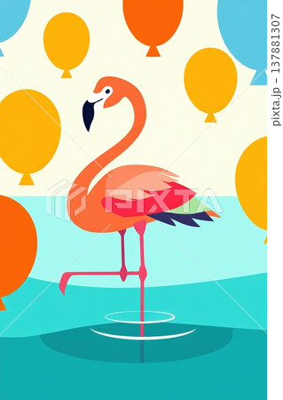 Stylized flamingo in turquoise pool with floating orange and yellow balloons 137881307
