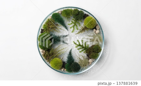 Circular arrangement of mosses and plants in a glass dish viewed from above Circular arrangement of mosses and plants in a glass dish viewed from above 137881639