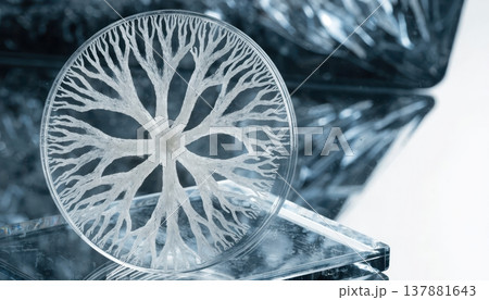 Close up of white fungal mycelium growth in a petri dish forming a radial pattern Close up of white fungal mycelium growth in a petri dish forming a radial pattern 137881643