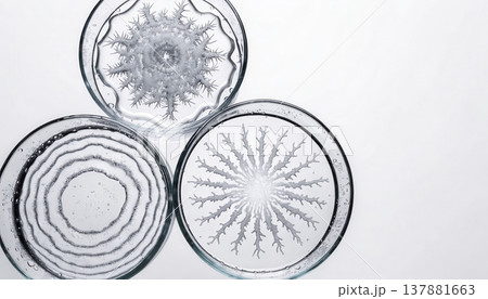 Overhead view of three petri dishes with distinct crystalline and concentric patterns Overhead view of three petri dishes with distinct crystalline and concentric patterns 137881663