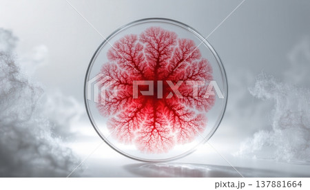 Petri dish revealing intricate red fractal growth scientific research concept 137881664