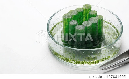 Petri dish with green algae grown into cylindrical structures for research Petri dish with green algae grown into cylindrical structures for research 137881665