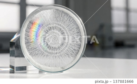Petri dish with intricate crystalline growth and rainbow spectrum 137881666