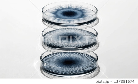 Three stacked petri dishes with blue radial growth patterns Three stacked petri dishes with blue radial growth patterns 137881674