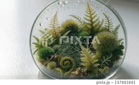 A miniature green moss and fern terrarium in a glass bowl 137881681