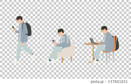 スマホやパソコンを使う大学生男性の日常シーンセット スマホやパソコンを使う大学生男性の日常シーンセット 137881831