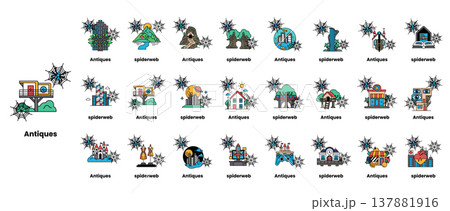 Aesthetic cartoon icons depict cozy, stylized buildings 137881916