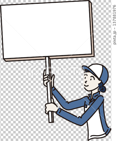 帽子をかぶり看板を持つ作業服を着た女性のイラスト 青色の制服 帽子をかぶり看板を持つ作業服を着た女性のイラスト 青色の制服 137881976