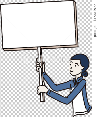 Illustration of a woman in work clothes holding a sign; blue uniform. 137881977