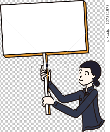 Illustration of a woman in work clothes holding a sign; navy blue uniform. 137881978