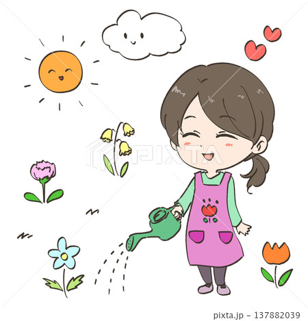 花に水やりするニコニコ笑顔の女の人 137882039