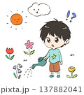 花に水やりするびっくり顔の男の子 137882041