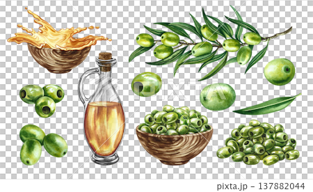 Set with green olives. Hand-drawn watercolor illustrations. An olive branch, a handful of olives, and oil. For labels, prints, and decor, as well as for packaging, banners, posters, and more. Set with green olives. Hand-drawn watercolor illustrations. An olive branch, a handful of olives, and oil. For labels, prints, and decor, as well as for packaging, banners, posters, and more. 137882044