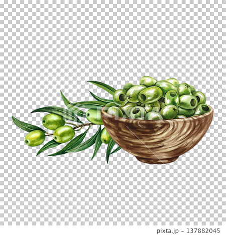 A handful of green, pitted olives in a wooden cup and an olive branch. Hand-drawn watercolor illustration. For creating labels, prints, and decor, as well as packaging, banners, posters, and more. A handful of green, pitted olives in a wooden cup and an olive branch. Hand-drawn watercolor illustration. For creating labels, prints, and decor, as well as packaging, banners, posters, and more. 137882045