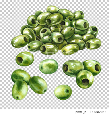 A handful of green, pitted olives. Hand-drawn watercolor illustration. Isolate. Perfect for labels, prints, and decor, as well as packaging, banners, posters, and more. 137882046