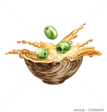 Olives falling into a wooden bowl with oil. Hand-drawn watercolor illustration. Isolate. Perfect for creating labels, advertisements, packaging, banners, posters, and more. 137882047