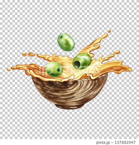 Olives falling into a wooden bowl with oil. Hand-drawn watercolor illustration. Isolate. Perfect for creating labels, advertisements, packaging, banners, posters, and more. 137882047