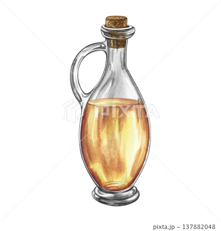 A glass transparent bottle with oil sealed with a cork. A hand-drawn watercolor illustration. A design element for menus, recipes, and cookbooks. For banners, flyers, packaging, labels, and more A glass transparent bottle with oil sealed with a cork. A hand-drawn watercolor illustration. A design element for menus, recipes, and cookbooks. For banners, flyers, packaging, labels, and more 137882048