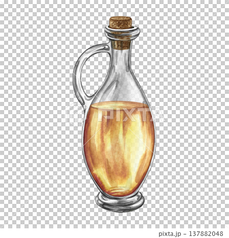 A glass transparent bottle with oil sealed with a cork. A hand-drawn watercolor illustration. A design element for menus, recipes, and cookbooks. For banners, flyers, packaging, labels, and more A glass transparent bottle with oil sealed with a cork. A hand-drawn watercolor illustration. A design element for menus, recipes, and cookbooks. For banners, flyers, packaging, labels, and more 137882048