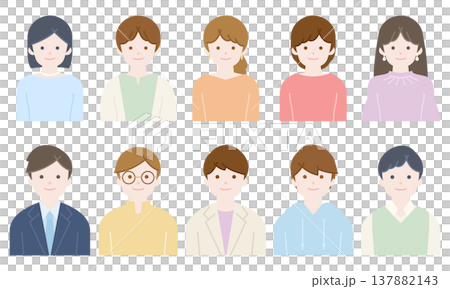 Adults and university students / Colorful smiling upper body set for men and women 137882143