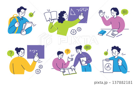 School scenes set with flat cartoon students and teacher. Answer at blackboard, lesson explanation, teacher helping pupil, student raising hand, schoolboy with backpack. Education vector illustration 137882181