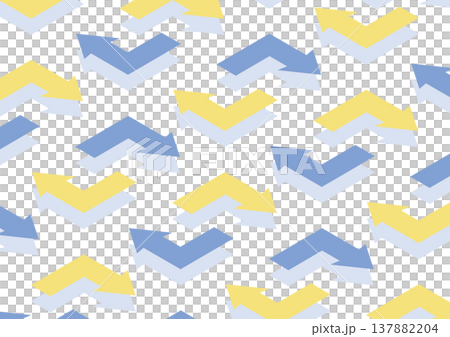 [Transparent Background] An isometric design featuring regularly spaced yellow and blue arrows that bend at right angles. 137882204