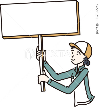 帽子をかぶり小さめの看板を持つ作業服を着た女性のイラスト　緑色の制服 137882247