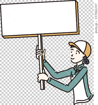 帽子をかぶり小さめの看板を持つ作業服を着た女性のイラスト　緑色の制服 137882247