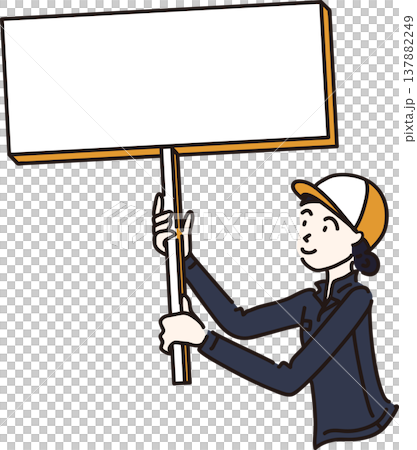帽子をかぶり小さめの看板を持つ作業服を着た女性のイラスト　紺色の制服 137882249