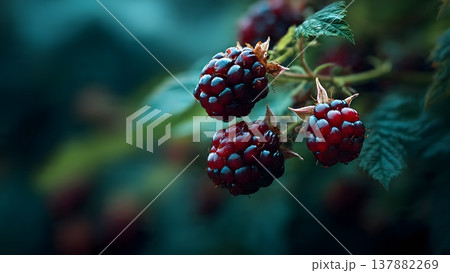 Close-up of fresh, ripe raspberries growing on a branch, with a dark, moody, and blurred background. 137882269