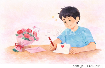 母の日に感謝の手紙を書く子どものやさしいイラスト 137882458