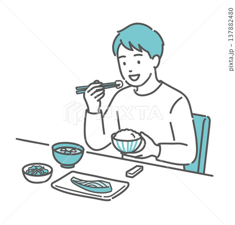 バランスの良い食事(和食)をとる男性のイラスト バランスの良い食事(和食)をとる男性のイラスト 137882480
