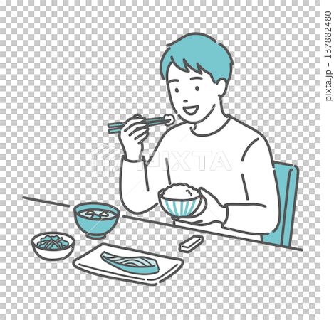 一幅描繪男子享用營養均衡的餐點（日式料理）的插圖。 137882480