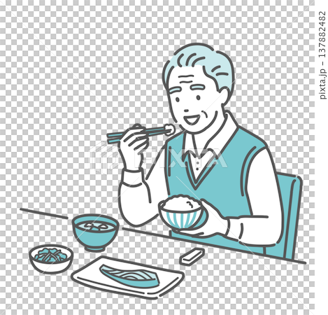 一位老人（爺爺）正在享用營養均衡的餐點（日式料理）。 137882482