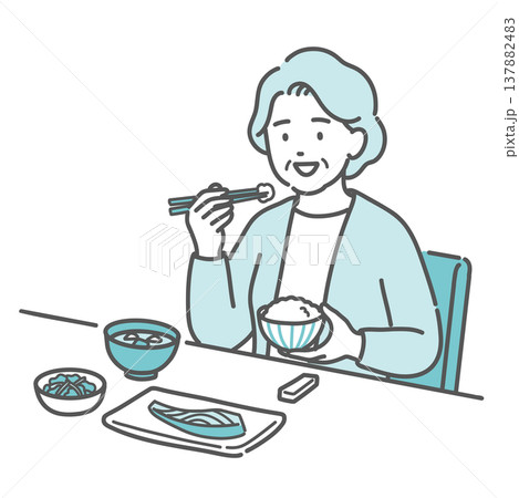 バランスの良い食事（和食）をとる高齢女性（おばあちゃん）のイラスト 137882483