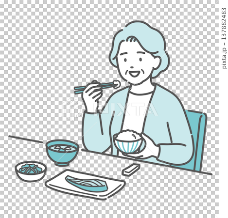 バランスの良い食事（和食）をとる高齢女性（おばあちゃん）のイラスト 137882483