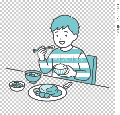An illustration of a boy (child) eating a balanced meal. 137882484