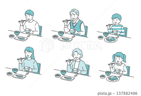 バランスの良い食事をとる全世代(子供・大人・シニア)のセットイラスト バランスの良い食事をとる全世代(子供・大人・シニア)のセットイラスト 137882486
