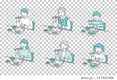 バランスの良い食事をとる全世代(子供・大人・シニア)のセットイラスト バランスの良い食事をとる全世代(子供・大人・シニア)のセットイラスト 137882486