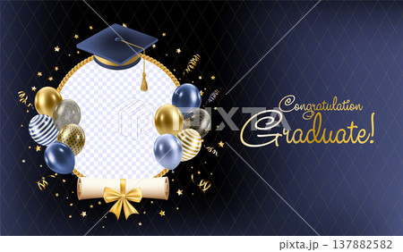 Realistic Blue graduate caps set. 3D Graduation Doctoral hat. 137882582