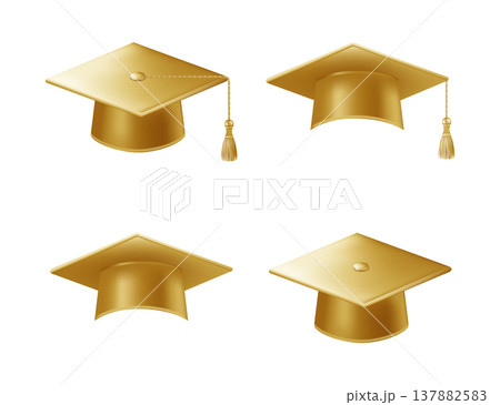 Realistic gold graduate caps set. 3D Graduation Doctoral hat 137882583