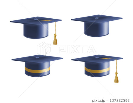 Realistic Blue graduate caps set. 3D Graduation Doctoral hat. 137882592