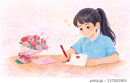 母の日に感謝の手紙を書く女の子のやさしいイラスト 137882903
