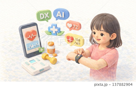 スマートウォッチで健康管理をする女性のデジタル生活イラスト 137882904