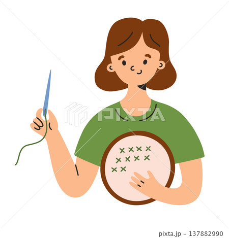 Flat cartoon girl with embroidery hoop, needle and thread, cross stitch hobby scene with cute character. Needlework and textile craft, handmade and self care leisure vector illustration Flat cartoon girl with embroidery hoop, needle and thread, cross stitch hobby scene with cute character. Needlework and textile craft, handmade and self care leisure vector illustration 137882990