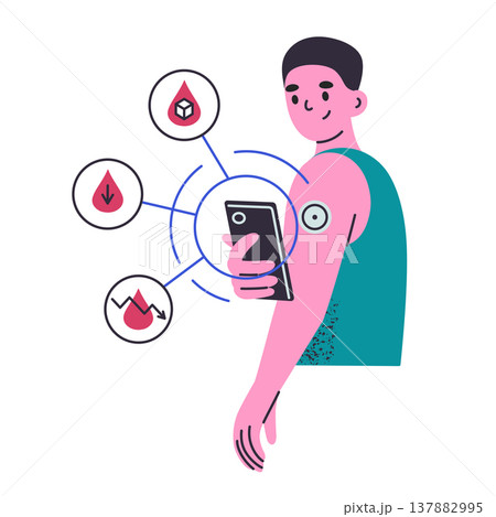 Flat cartoon man with continuous glucose monitor patch on arm, checking blood sugar level on smartphone app. Diabetes management and health tracking, wearable glucometer sensor vector illustration Flat cartoon man with continuous glucose monitor patch on arm, checking blood sugar level on smartphone app. Diabetes management and health tracking, wearable glucometer sensor vector illustration 137882995