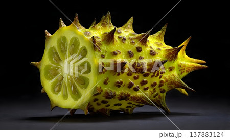 A vibrant, spiky kiwano melon (horned melon) sliced to reveal its jelly-like interior, set against a dark backdrop. 137883124